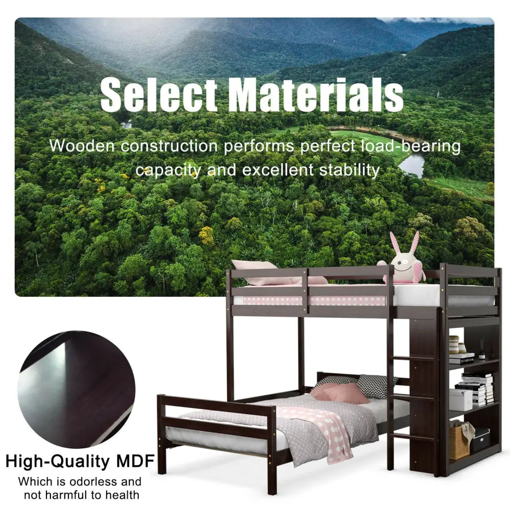 Twin Over Twin Loft Bunk Bed with Bookcase-Espresso - Dark Brown - Bunk Bed Frame