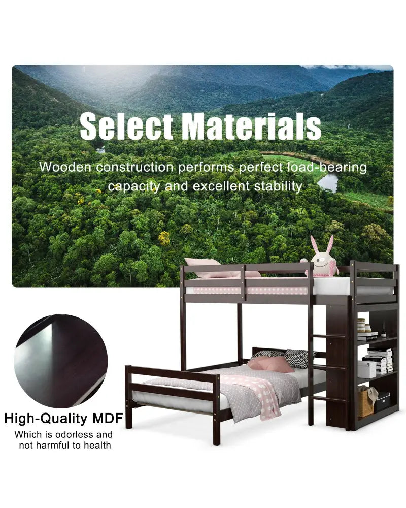 Twin Over Twin Loft Bunk Bed with Bookcase-Espresso - Dark Brown - Bunk Bed Frame