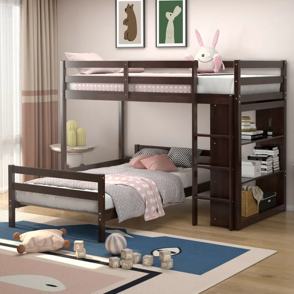 Twin Over Twin Loft Bunk Bed with Bookcase-Espresso - Dark Brown - Bunk Bed Frame