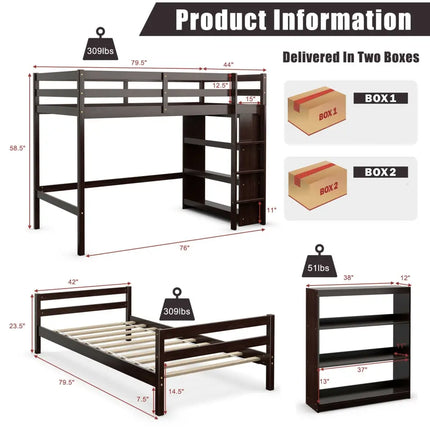 Twin Over Twin Loft Bunk Bed with Bookcase-Espresso - Dark Brown - Bunk Bed Frame