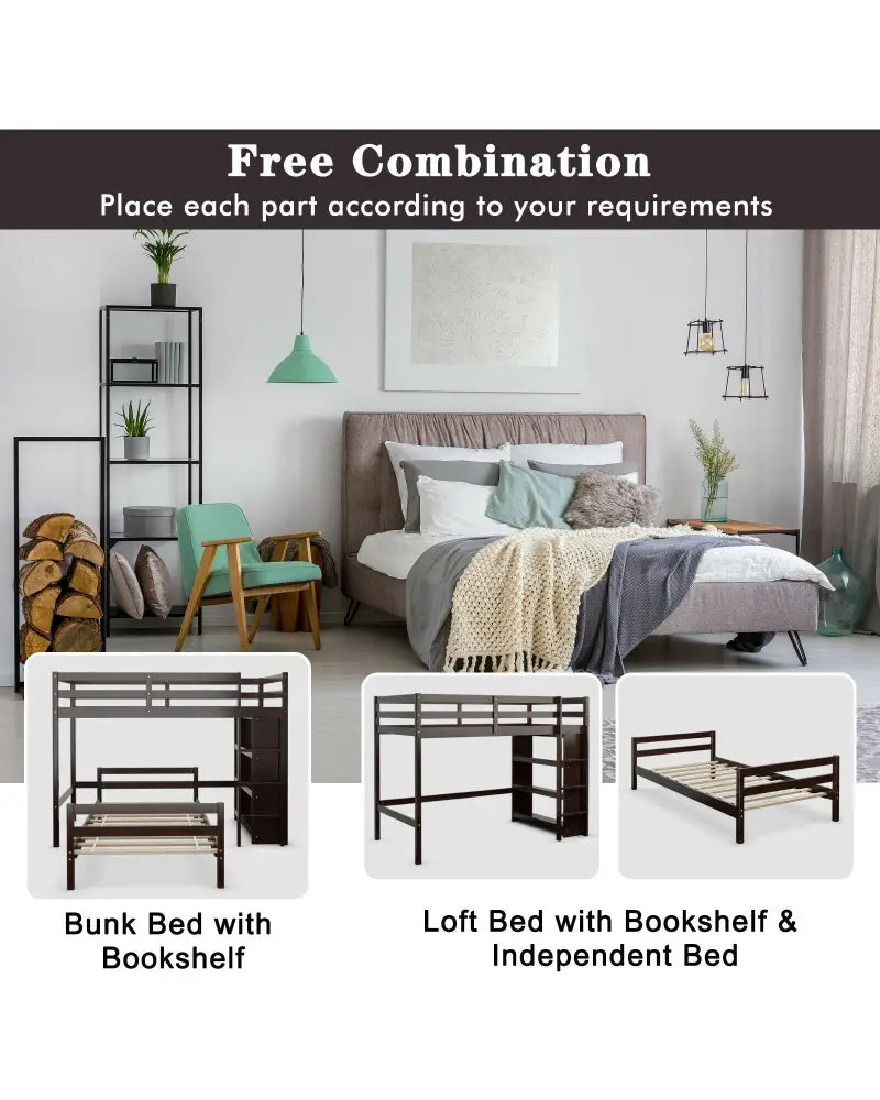 Twin Over Twin Loft Bunk Bed with Bookcase-Espresso - Dark Brown - Bunk Bed Frame