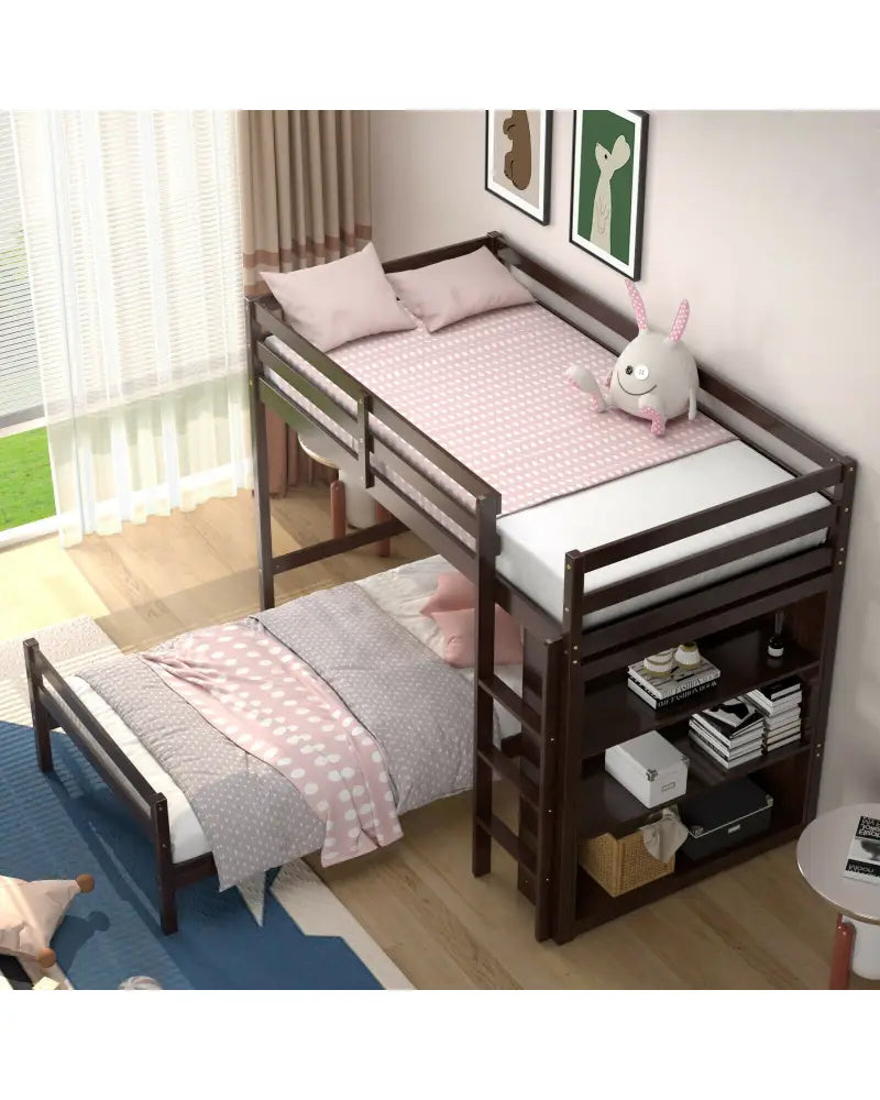 Twin Over Twin Loft Bunk Bed with Bookcase-Espresso - Dark Brown - Bunk Bed Frame