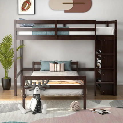 Twin Over Twin Loft Bunk Bed with Bookcase-Espresso - Dark Brown - Bunk Bed Frame