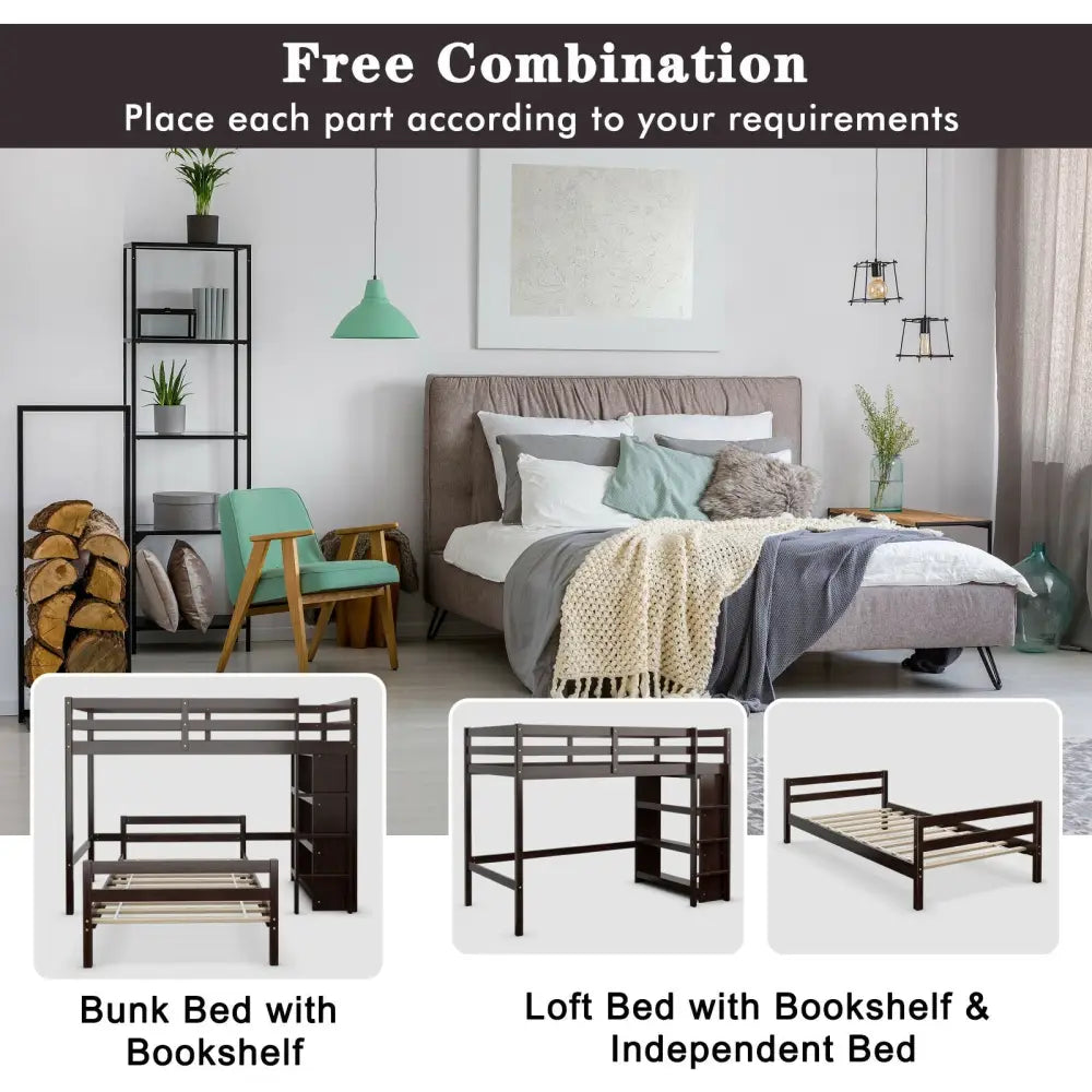 Twin Over Twin Loft Bunk Bed with Bookcase-Espresso - Dark Brown - Bunk Bed Frame