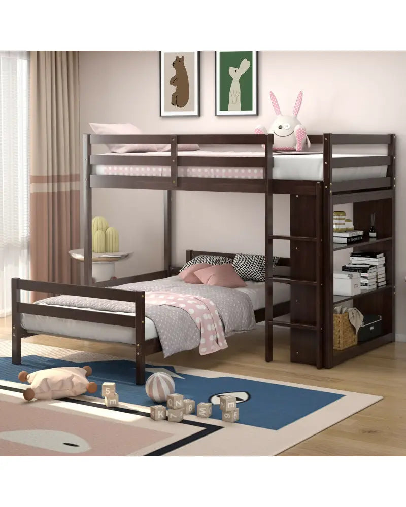 Twin Over Twin Loft Bunk Bed with Bookcase-Espresso - Dark Brown - Bunk Bed Frame