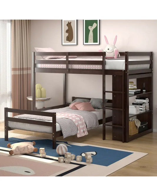 Twin Over Twin Loft Bunk Bed with Bookcase-Espresso - Dark Brown - Bunk Bed Frame