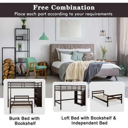 Twin Over Twin Loft Bunk Bed with Bookcase-Espresso - Dark Brown - Bunk Bed Frame