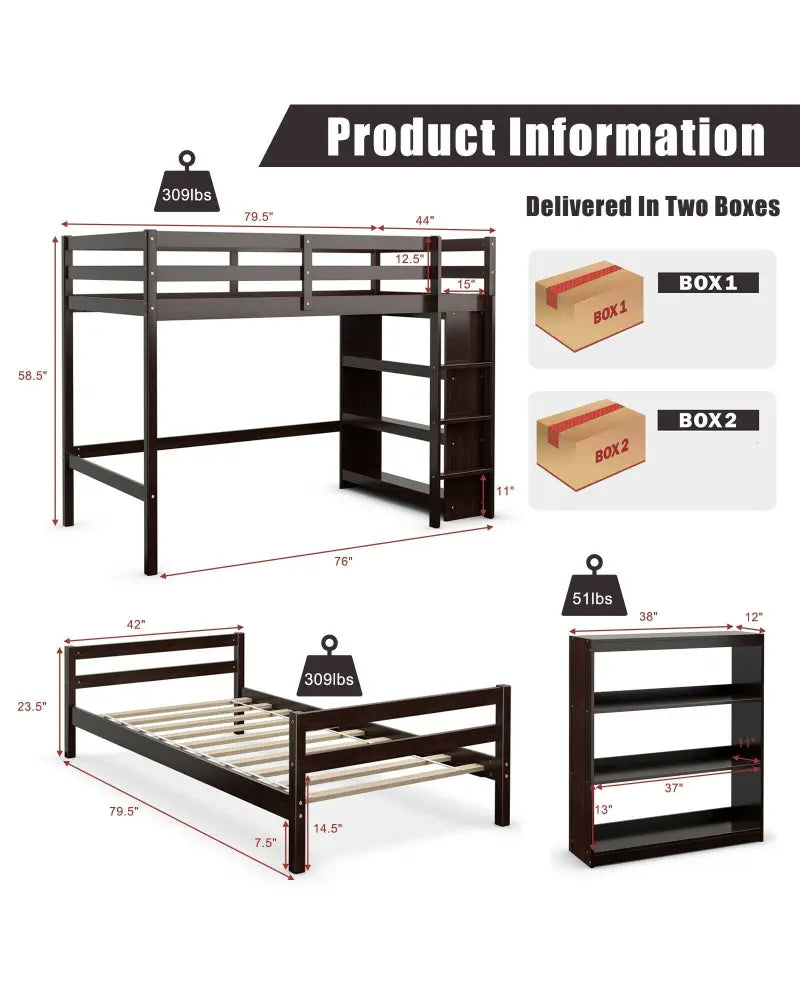 Twin Over Twin Loft Bunk Bed with Bookcase-Espresso - Dark Brown - Bunk Bed Frame