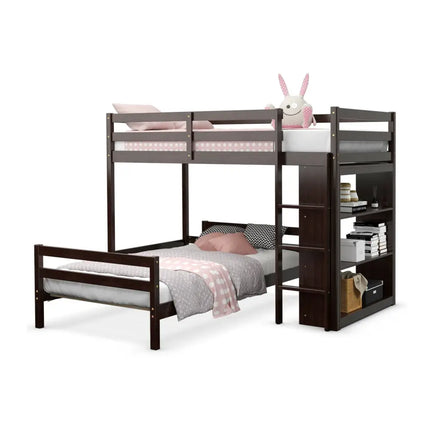 Twin Over Twin Loft Bunk Bed with Bookcase-Espresso - Dark Brown - Bunk Bed Frame