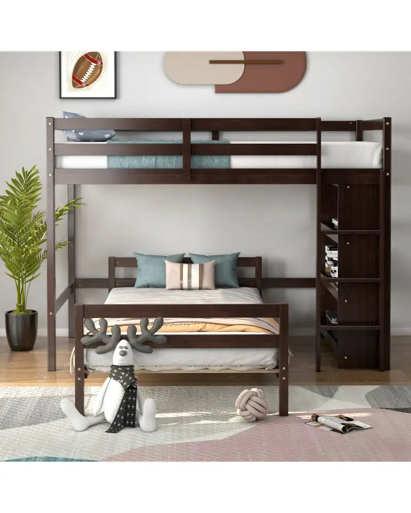 Twin Over Twin Loft Bunk Bed with Bookcase-Espresso - Dark Brown - Bunk Bed Frame