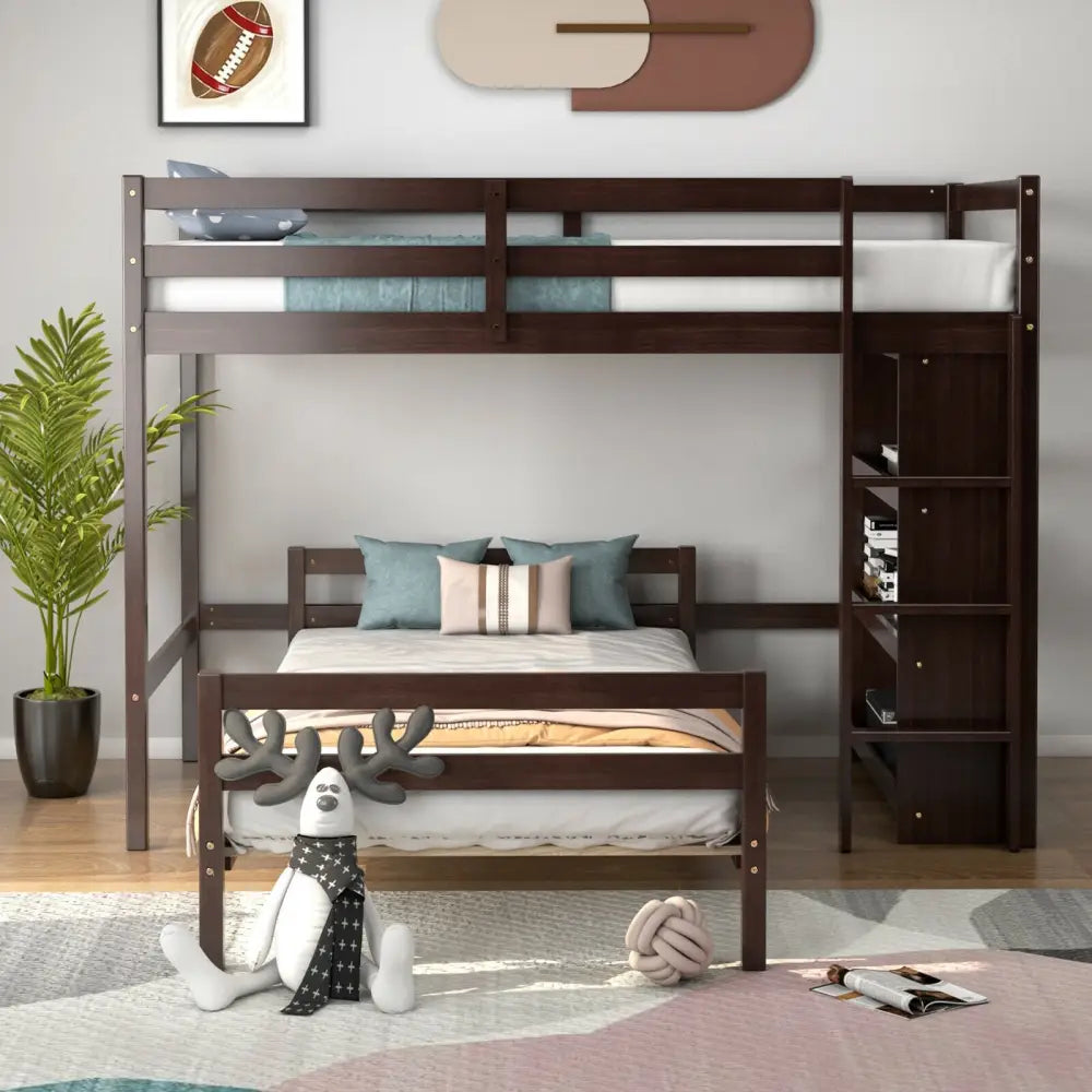 Twin Over Twin Loft Bunk Bed with Bookcase-Espresso - Dark Brown - Bunk Bed Frame