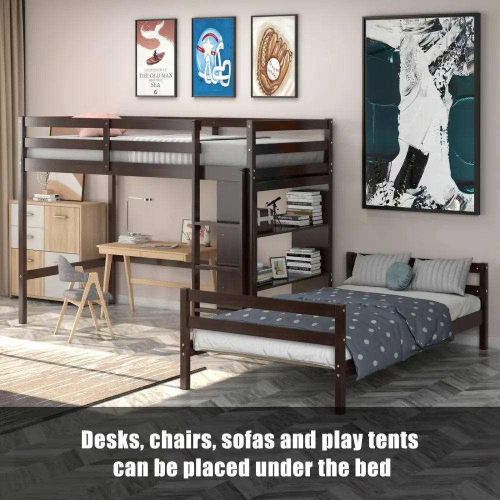 Twin Over Twin Loft Bunk Bed with Bookcase-Espresso - Dark Brown - Bunk Bed Frame