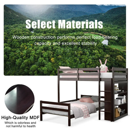 Twin Over Twin Loft Bunk Bed with Bookcase-Espresso - Dark Brown - Bunk Bed Frame