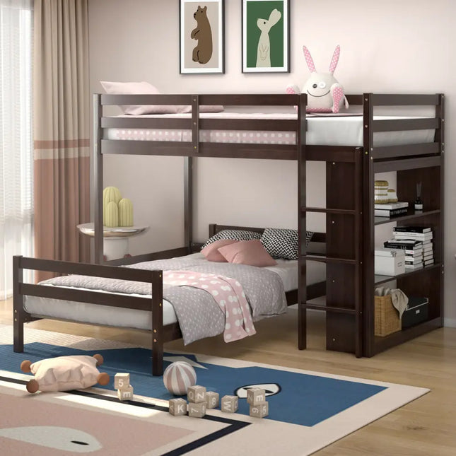 Twin Over Twin Loft Bunk Bed with Bookcase-Espresso - Dark Brown - Bunk Bed Frame