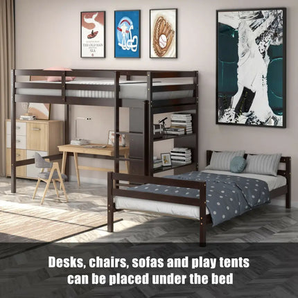 Twin Over Twin Loft Bunk Bed with Bookcase-Espresso - Dark Brown - Bunk Bed Frame