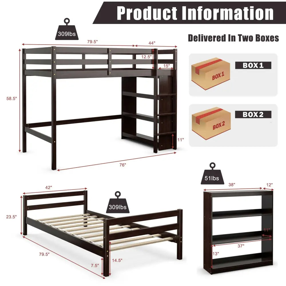 Twin Over Twin Loft Bunk Bed with Bookcase-Espresso - Dark Brown - Bunk Bed Frame