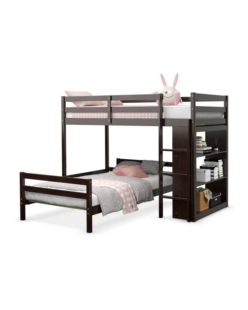 Twin Over Twin Loft Bunk Bed with Bookcase-Espresso - Dark Brown - Bunk Bed Frame