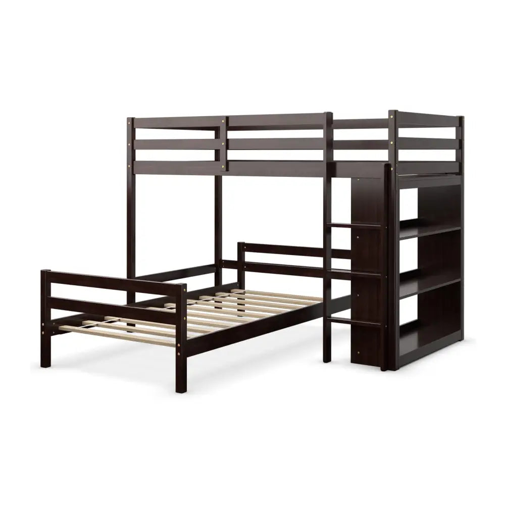 Twin Over Twin Loft Bunk Bed with Bookcase-Espresso - Dark Brown - Bunk Bed Frame