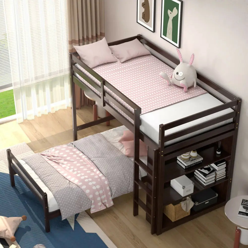 Twin Over Twin Loft Bunk Bed with Bookcase-Espresso - Dark Brown - Bunk Bed Frame