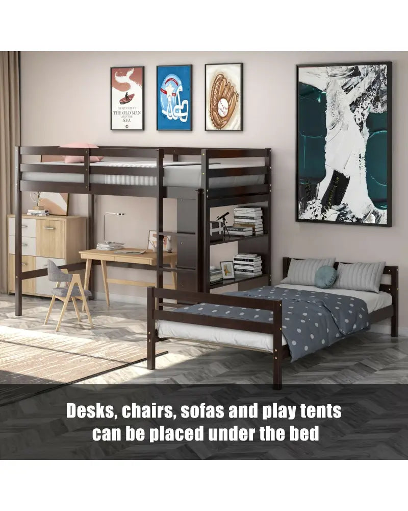 Twin Over Twin Loft Bunk Bed with Bookcase-Espresso - Dark Brown - Bunk Bed Frame
