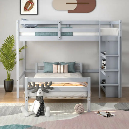 Twin Over Twin Loft Bunk Bed with Bookcase-Gray - Gray - Bunk Bed Frame