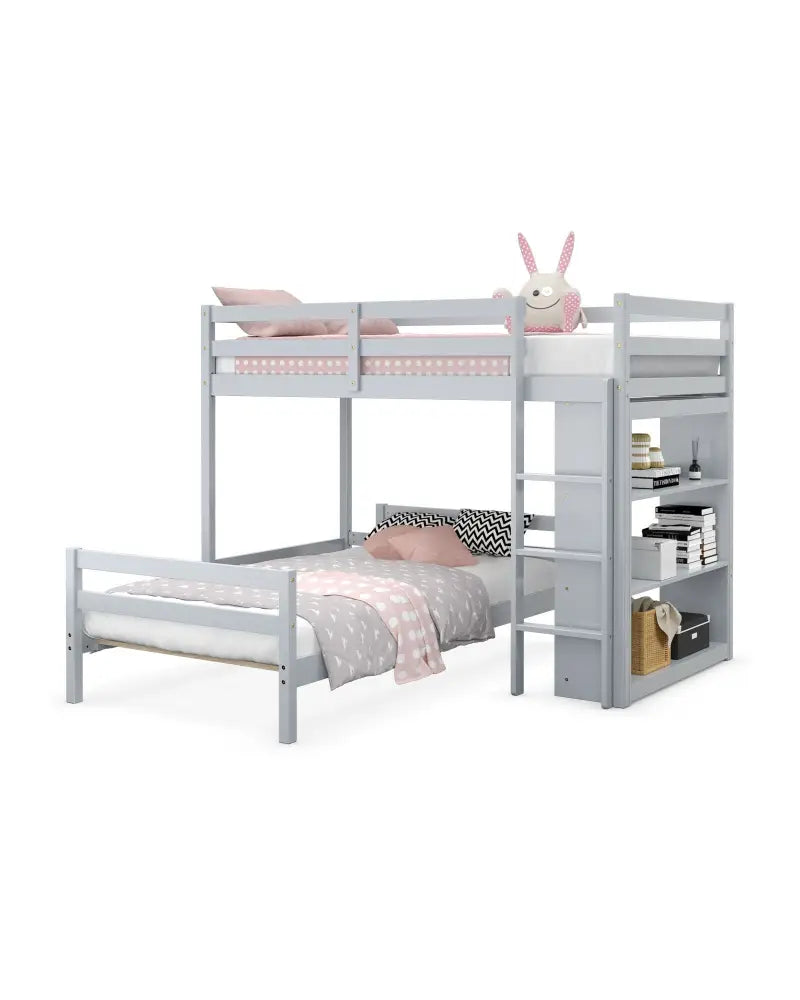 Twin Over Twin Loft Bunk Bed with Bookcase-Gray - Gray - Bunk Bed Frame