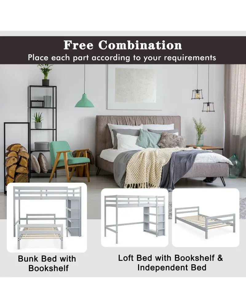 Twin Over Twin Loft Bunk Bed with Bookcase-Gray - Gray - Bunk Bed Frame