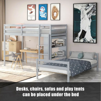 Twin Over Twin Loft Bunk Bed with Bookcase-Gray - Gray - Bunk Bed Frame