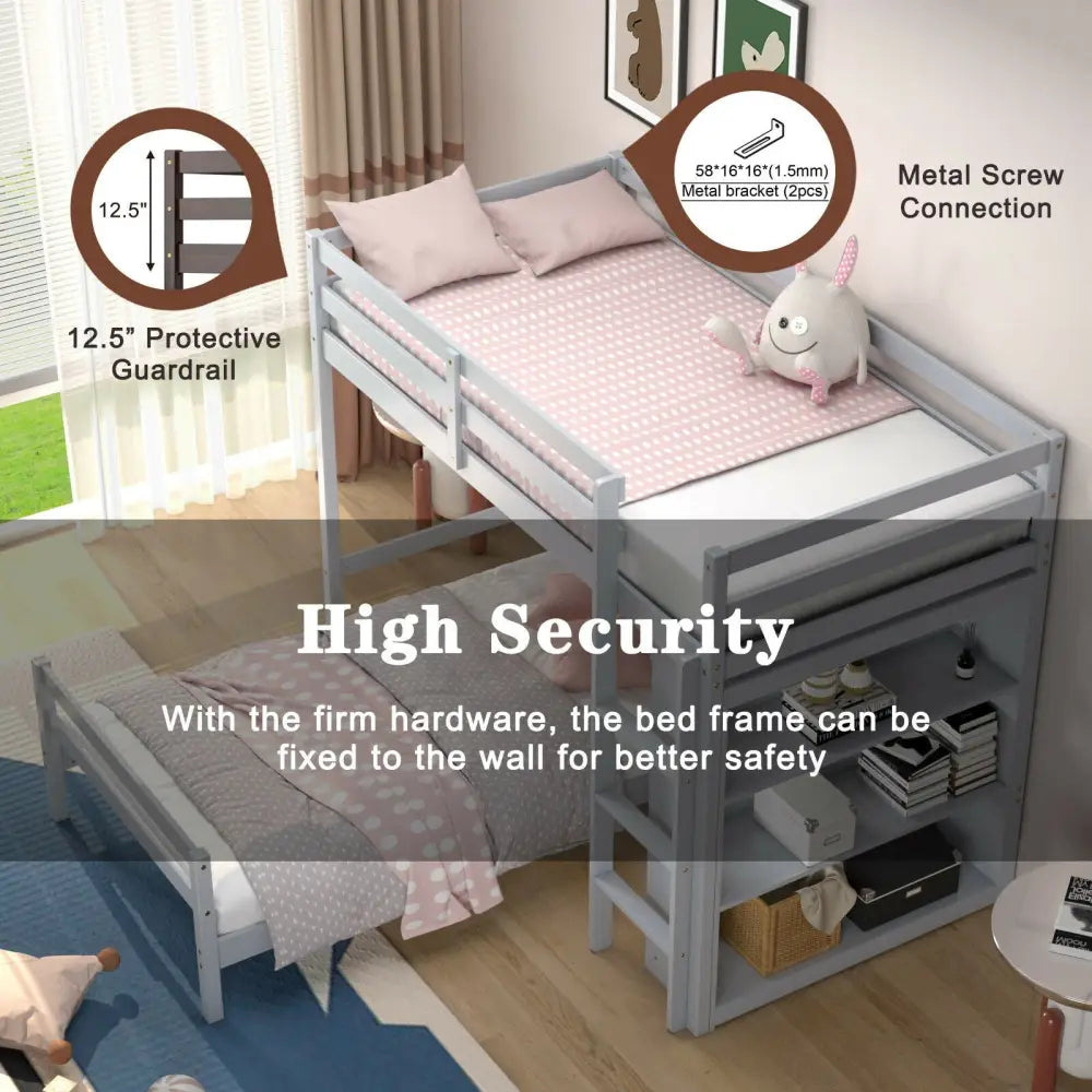 Twin Over Twin Loft Bunk Bed with Bookcase-Gray - Gray - Bunk Bed Frame