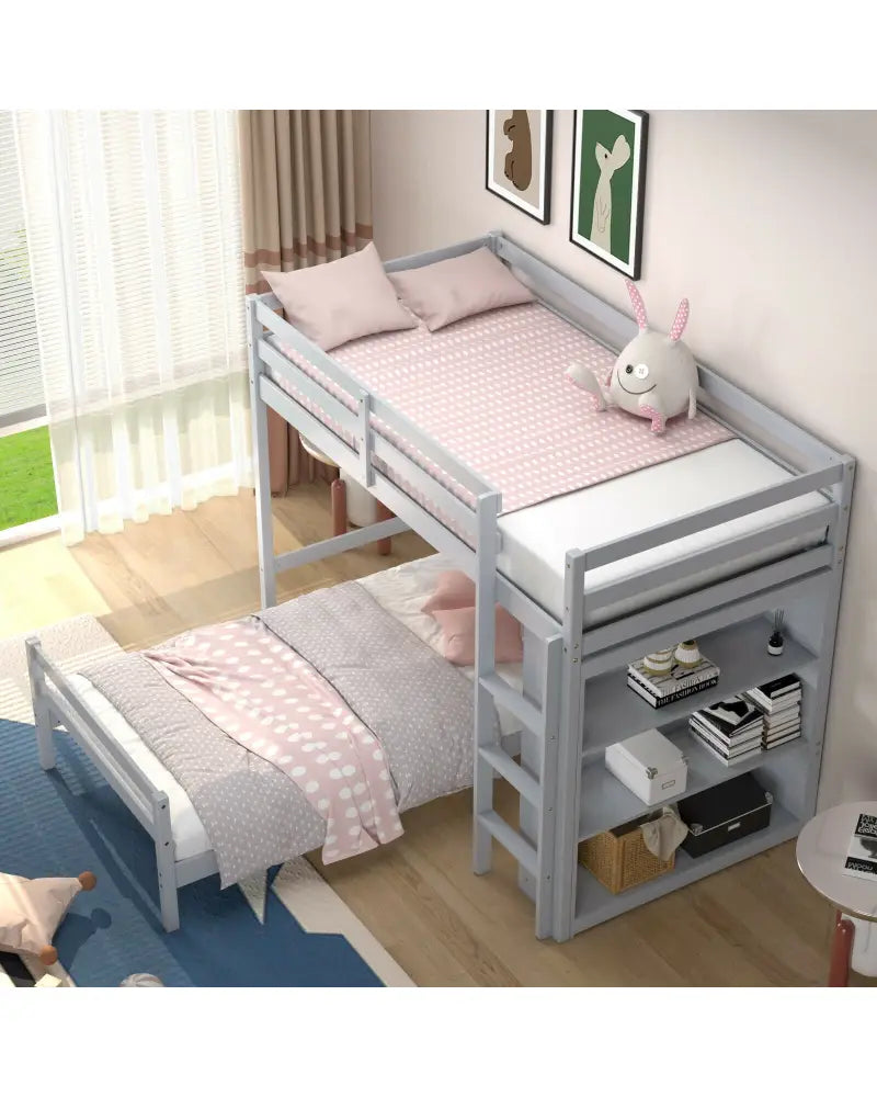 Twin Over Twin Loft Bunk Bed with Bookcase-Gray - Gray - Bunk Bed Frame