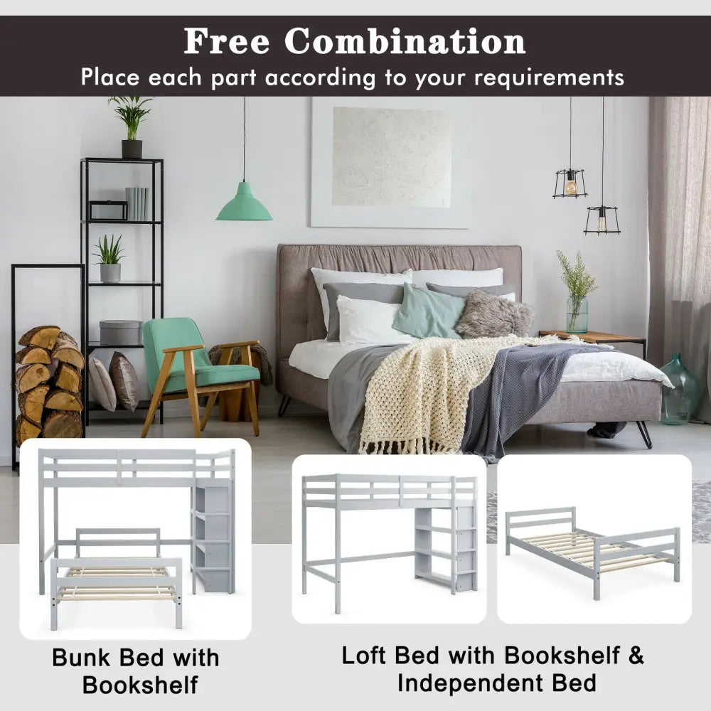 Twin Over Twin Loft Bunk Bed with Bookcase-Gray - Gray - Bunk Bed Frame