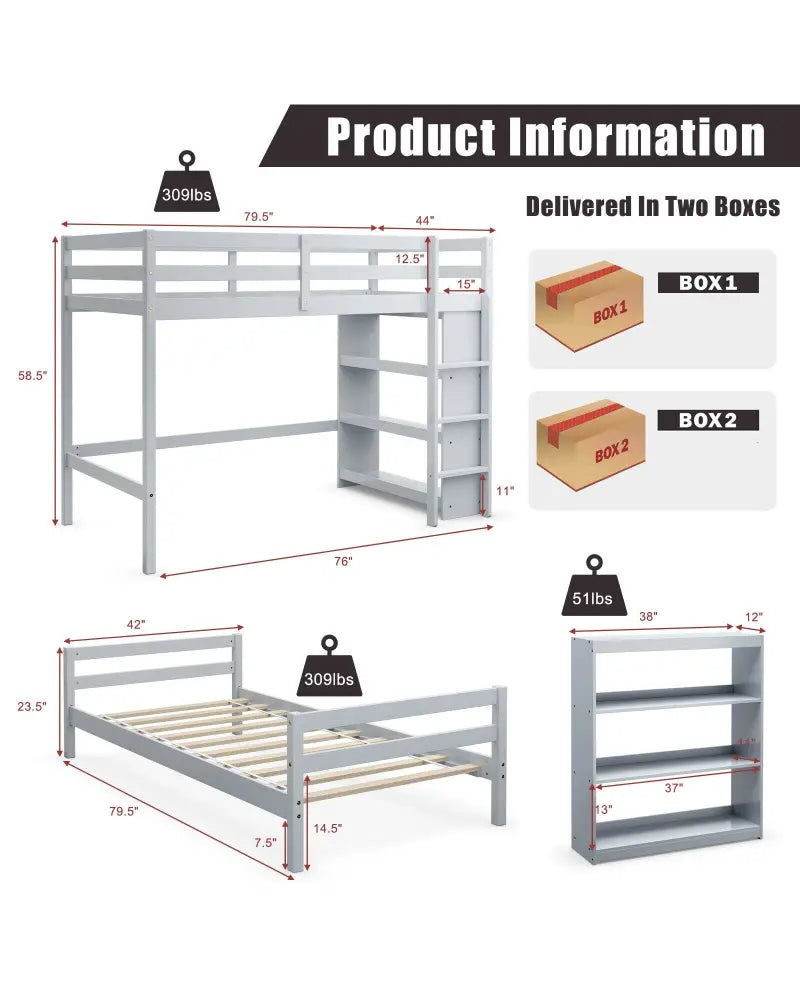 Twin Over Twin Loft Bunk Bed with Bookcase-Gray - Gray - Bunk Bed Frame