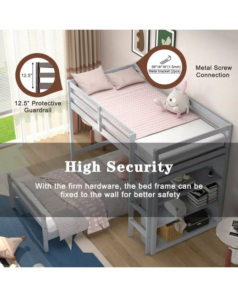 Twin Over Twin Loft Bunk Bed with Bookcase-Gray - Gray - Bunk Bed Frame