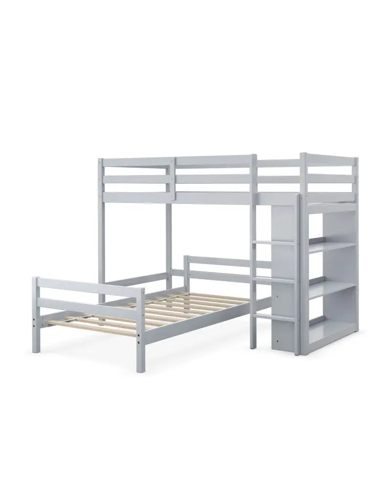 Twin Over Twin Loft Bunk Bed with Bookcase-Gray - Gray - Bunk Bed Frame