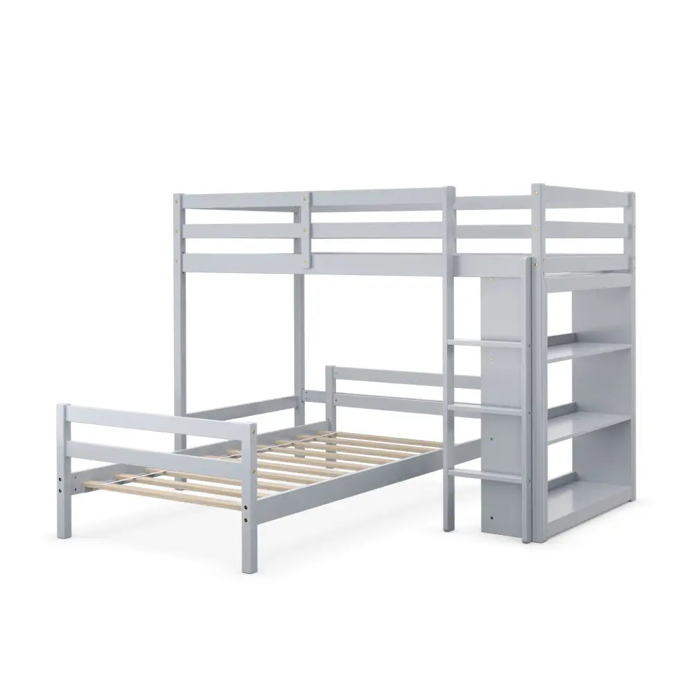 Twin Over Twin Loft Bunk Bed with Bookcase-Gray - Gray - Bunk Bed Frame