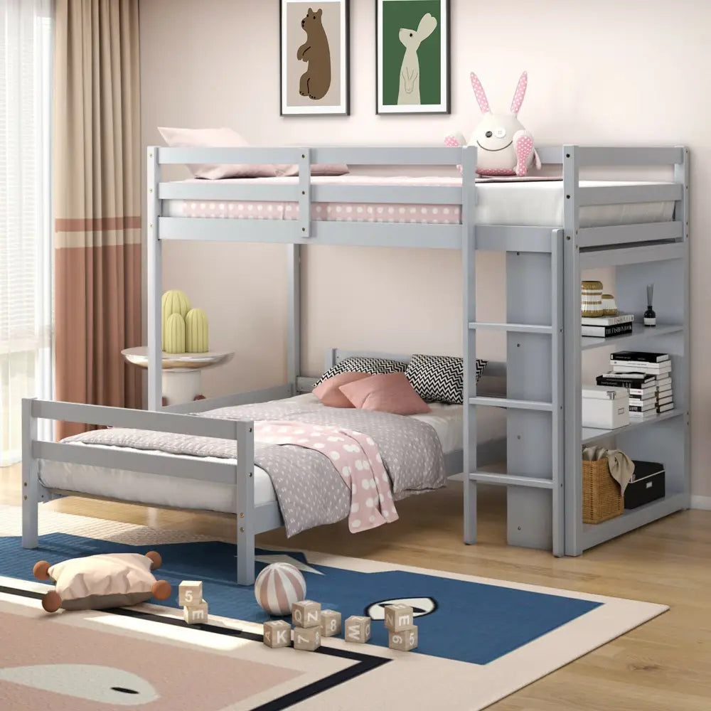Twin Over Twin Loft Bunk Bed with Bookcase-Gray - Gray - Bunk Bed Frame