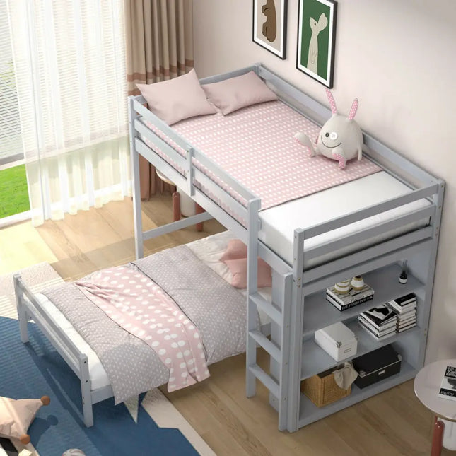 Twin Over Twin Loft Bunk Bed with Bookcase-Gray - Gray - Bunk Bed Frame