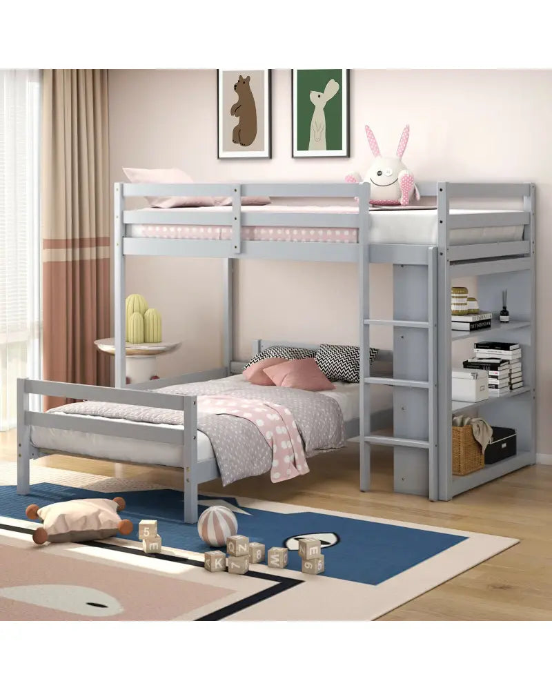 Twin Over Twin Loft Bunk Bed with Bookcase-Gray - Gray - Bunk Bed Frame