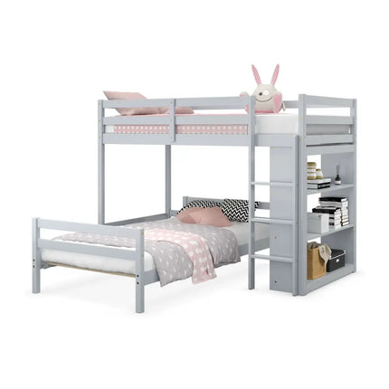 Twin Over Twin Loft Bunk Bed with Bookcase-Gray - Gray - Bunk Bed Frame