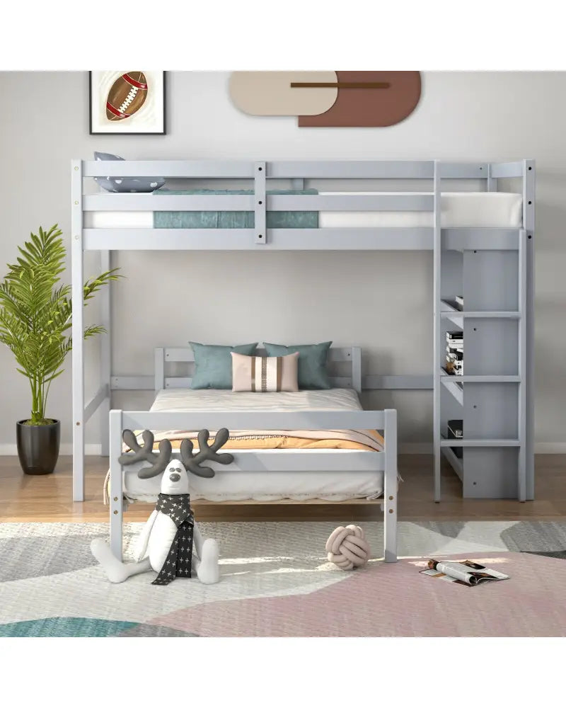 Twin Over Twin Loft Bunk Bed with Bookcase-Gray - Gray - Bunk Bed Frame
