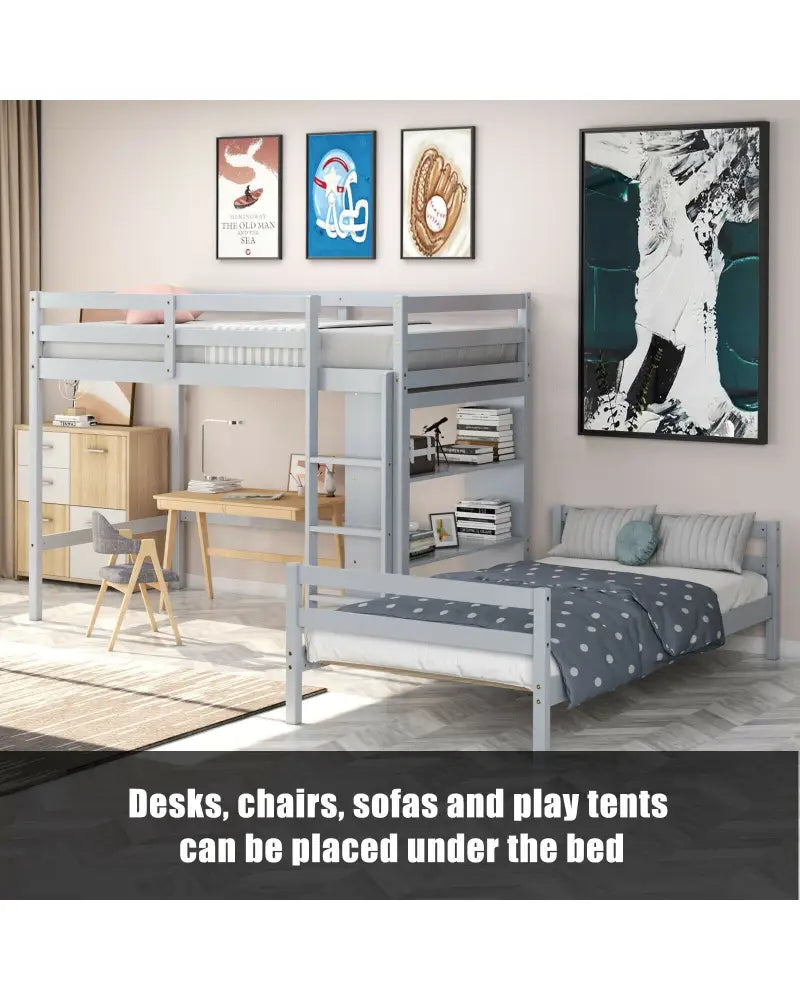 Twin Over Twin Loft Bunk Bed with Bookcase-Gray - Gray - Bunk Bed Frame