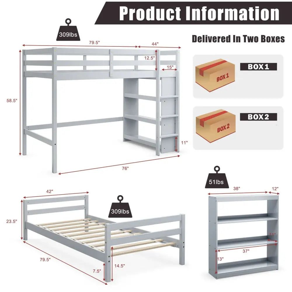 Twin Over Twin Loft Bunk Bed with Bookcase-Gray - Gray - Bunk Bed Frame