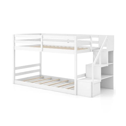 Twin Over Twin Low Bunk Bed with Storage Stairs Solid Wood Floor Bunk Bed Frame-White - White - Bunk Bed Frame