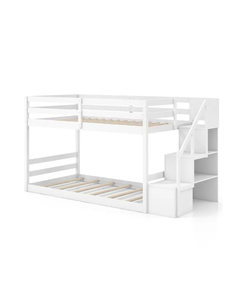 Twin Over Twin Low Bunk Bed with Storage Stairs Solid Wood Floor Bunk Bed Frame-White - White - Bunk Bed Frame
