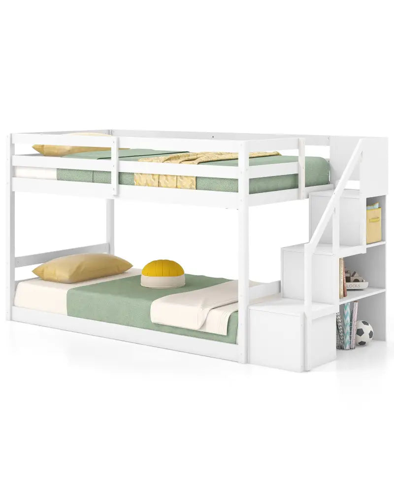 Twin Over Twin Low Bunk Bed with Storage Stairs Solid Wood Floor Bunk Bed Frame-White - White - Bunk Bed Frame