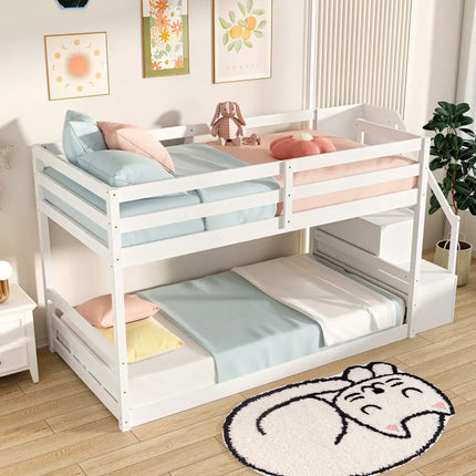 Twin Over Twin Low Bunk Bed with Storage Stairs Solid Wood Floor Bunk Bed Frame-White - White - Bunk Bed Frame