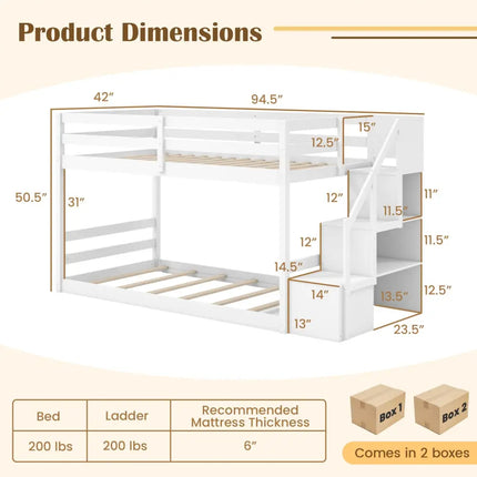 Twin Over Twin Low Bunk Bed with Storage Stairs Solid Wood Floor Bunk Bed Frame-White - White - Bunk Bed Frame