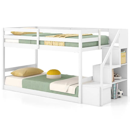 Twin Over Twin Low Bunk Bed with Storage Stairs Solid Wood Floor Bunk Bed Frame-White - White - Bunk Bed Frame