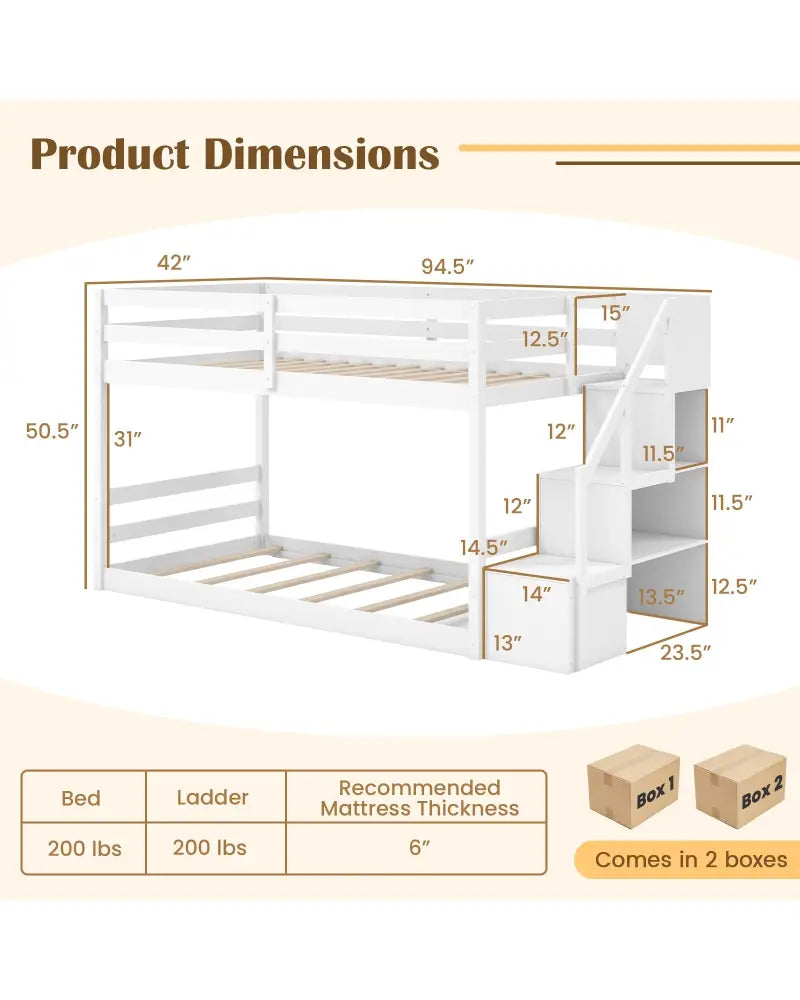 Twin Over Twin Low Bunk Bed with Storage Stairs Solid Wood Floor Bunk Bed Frame-White - White - Bunk Bed Frame