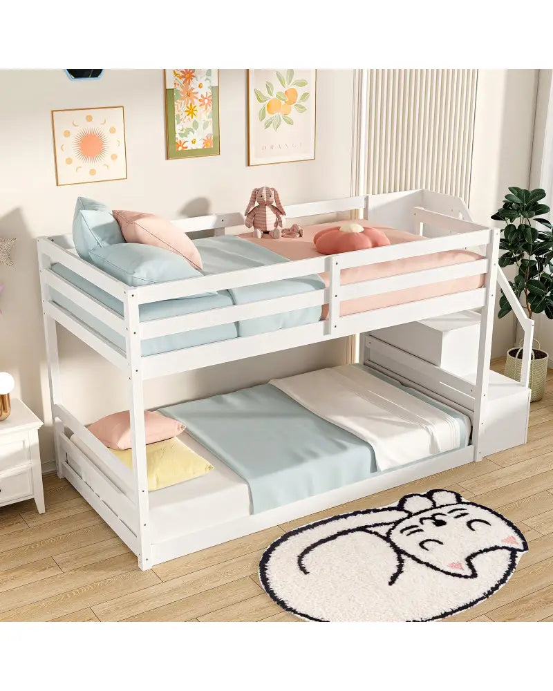 Twin Over Twin Low Bunk Bed with Storage Stairs Solid Wood Floor Bunk Bed Frame-White - White - Bunk Bed Frame